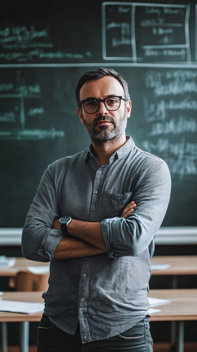 ai generated, teacher, classroom, education, academic, learning, professional, school, confident, instructor, teaching, mentor, educator, experience, serious, knowledge, leadership, professor, academic setting, expertise, man